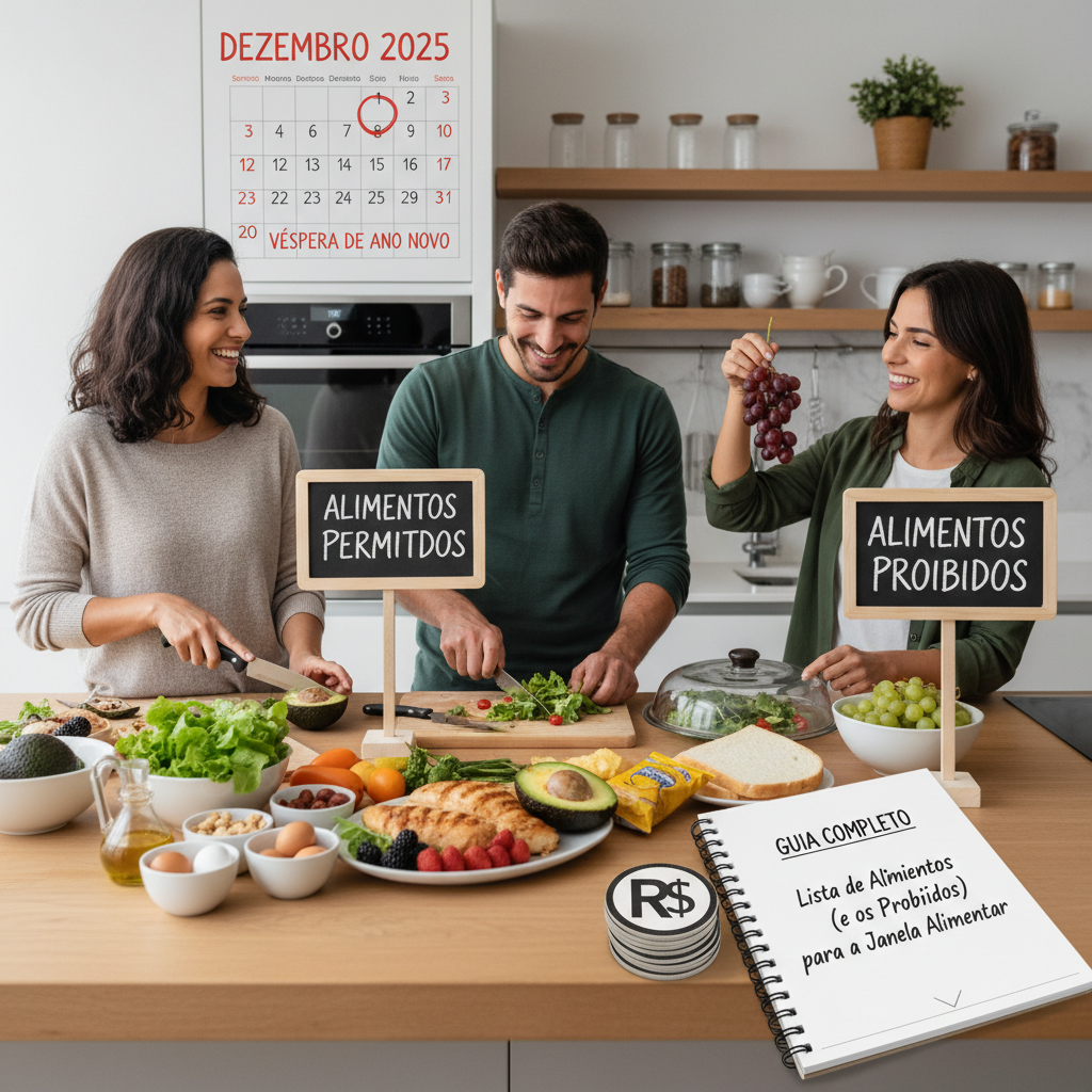 Lista visual de alimentos permitidos e proibidos para quebrar o jejum intermitente de forma saudável