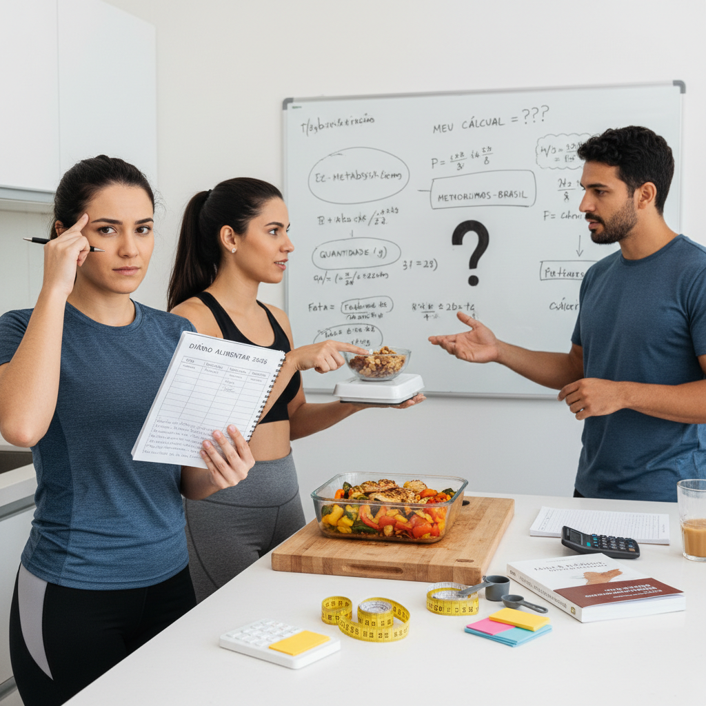 O que faz emagrecer rápido? A Ciência e a Tecnologia em 2026 Pessoa confusa tentando calcular calorias de um prato de comida manualmente