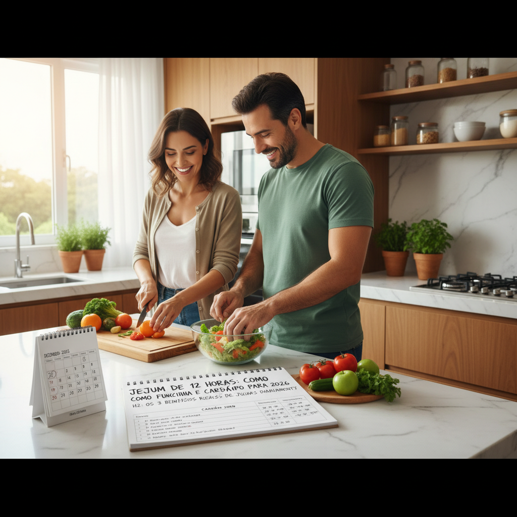 Infográfico sobre benefícios metabólicos e perda de gordura no jejum de 12 horas