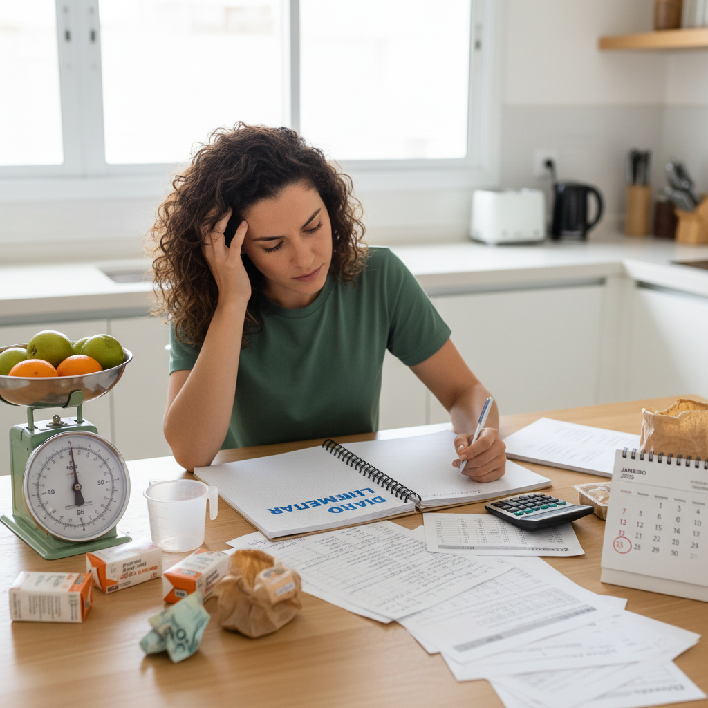 Pessoa frustrada olhando para celular com aplicativo de dieta complexo cheio de campos para preencher manualmente