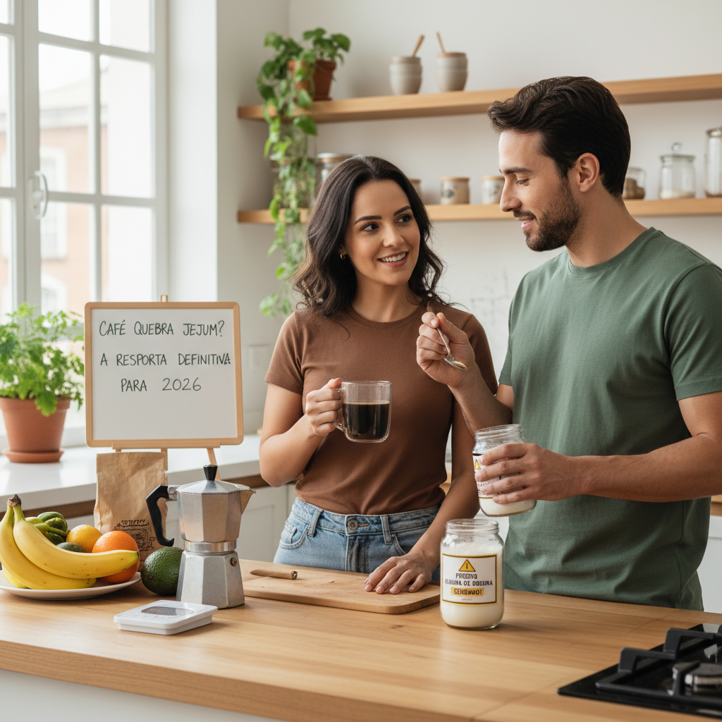 Ingredientes como leite, açúcar e manteiga ao lado de um café, alertando sobre o risco de quebrar o jejum