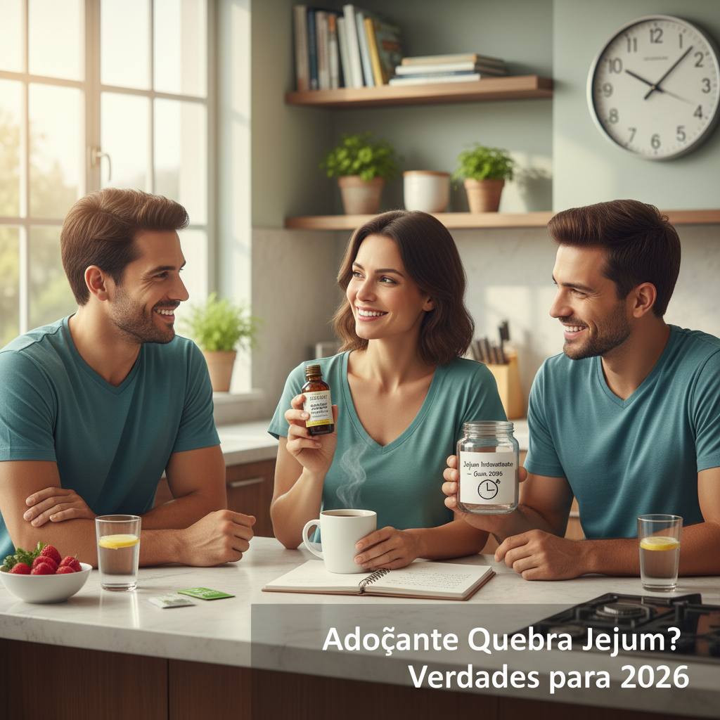Adoçante Quebra Jejum? Guia Definitivo e Verdades para 2026 Xícara de café com adoçante ilustrando se o adoçante quebra jejum metabólico