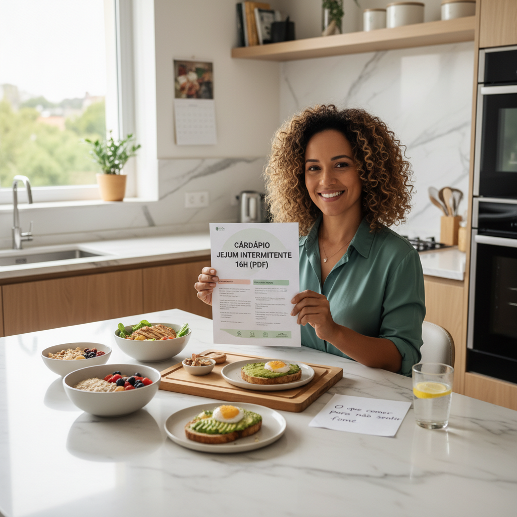 Cardápio Jejum Intermitente 16h (PDF): Guia e Plano de Refeições Prato equilibrado com proteínas e fibras para cardápio de jejum intermitente 16h