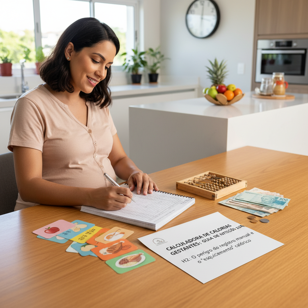 Calculadora de Calorias para Gestantes: Guia de Nutrição 2024 Gestante cansada tentando anotar alimentos em aplicativo de dieta tradicional