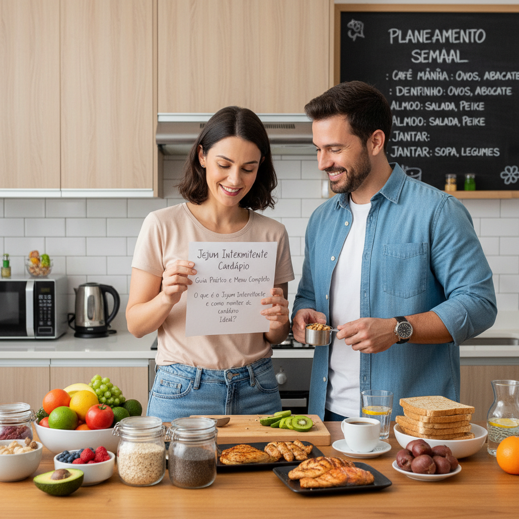 Jejum Intermitente Cardápio: Guia Prático e Menu Completo Homem analisando jejum intermitente cardápio no celular com prato saudável