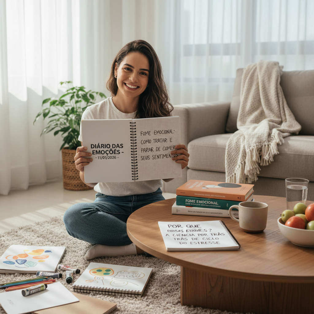 Ilustração científica mostrando a conexão entre cérebro, estresse e alimentação emocional