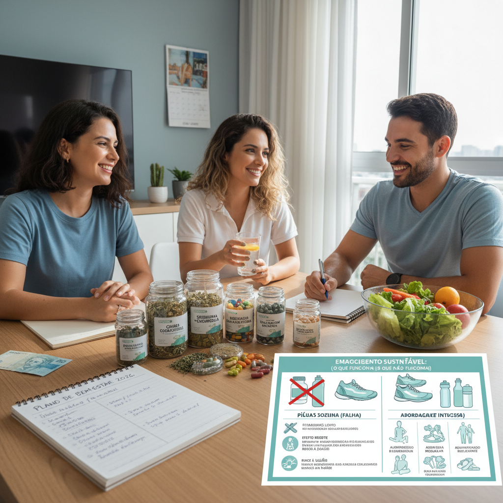 Frasco de pílulas ao lado de uma balança simbolizando a falha de remédios para emagrecer sem dieta