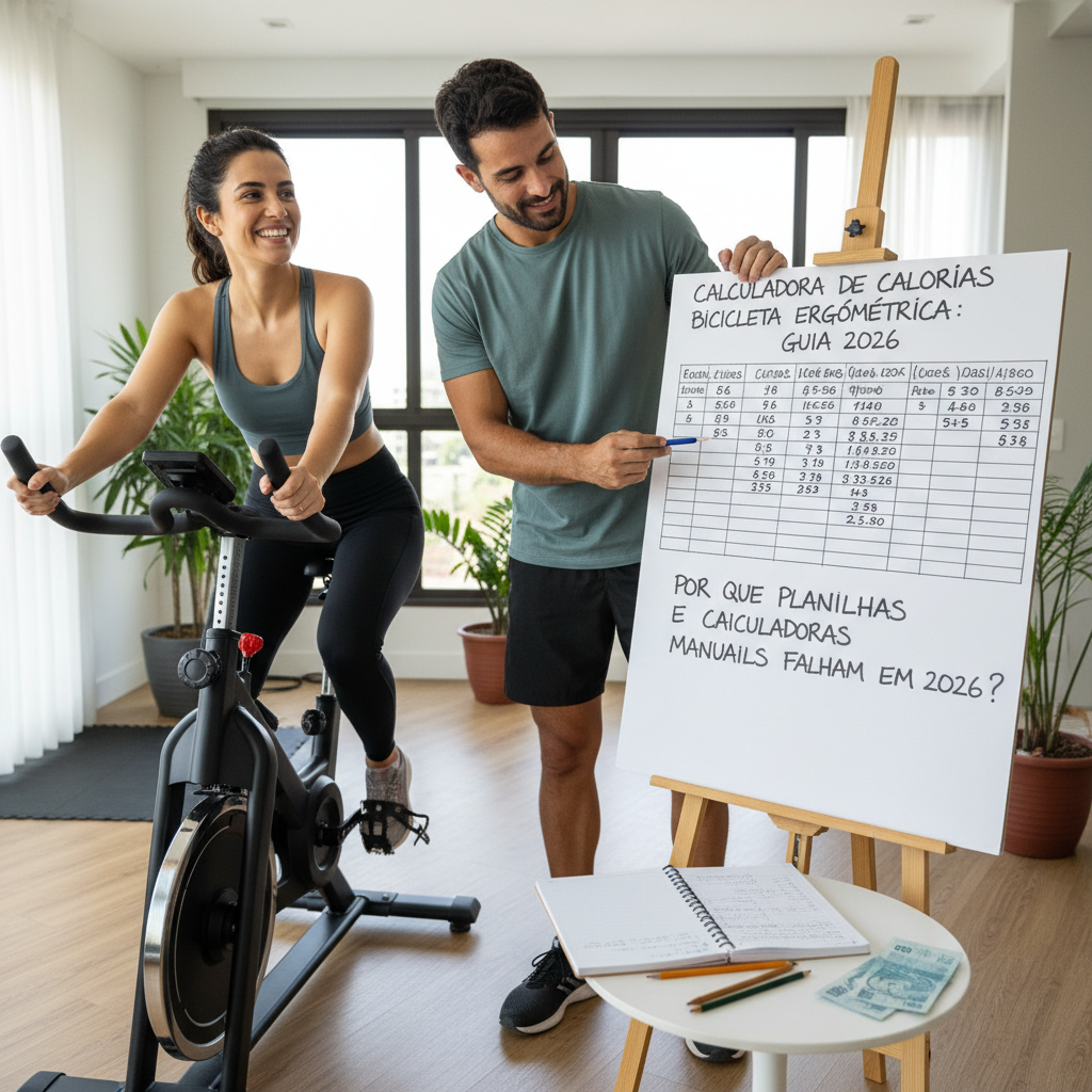 Calculadora de Calorias Bicicleta Ergométrica: Guia 2026 Smartphone com planilhas complexas ilustrando a dificuldade de usar calculadora de calorias bicicleta ergométrica manual