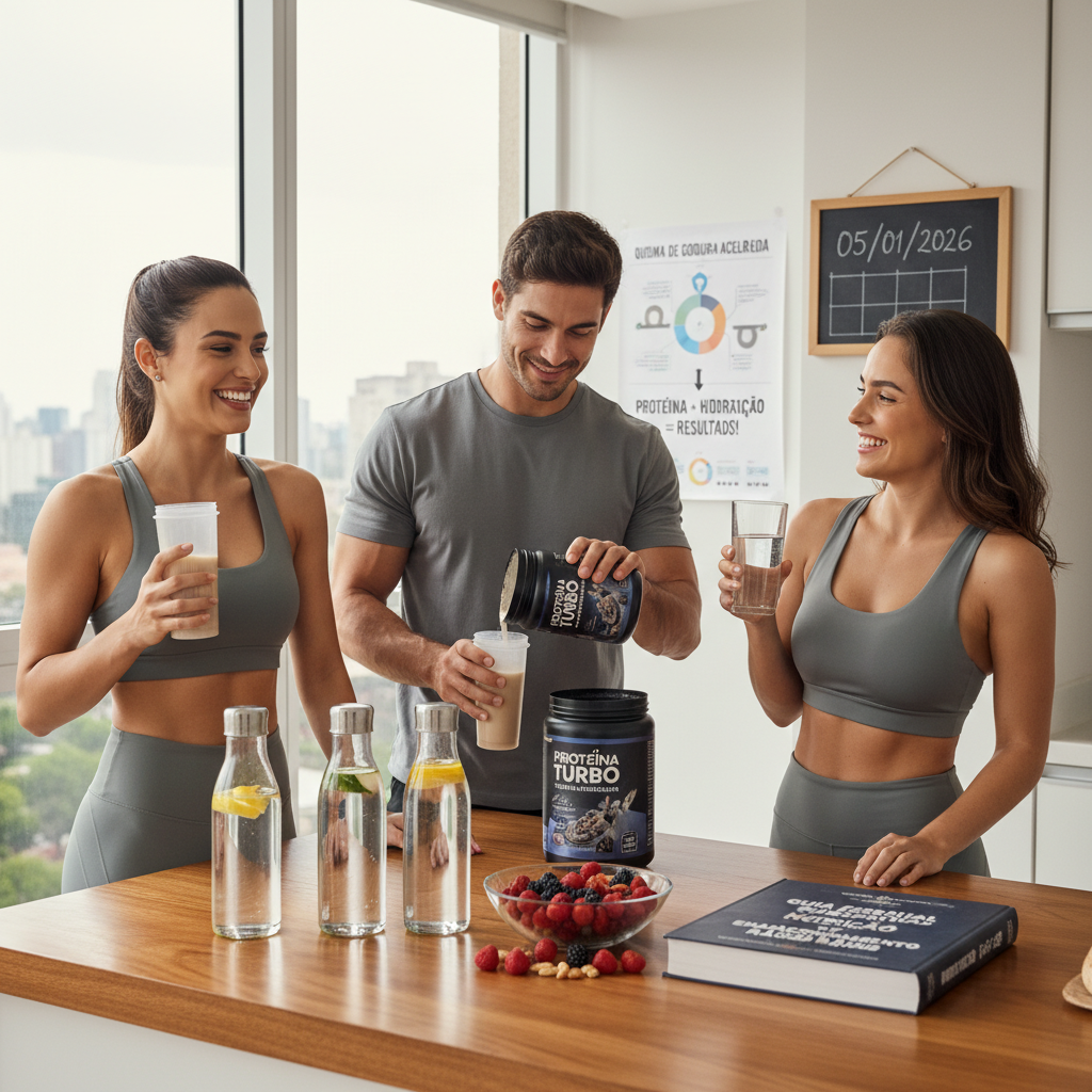 Suplemento para Emagrecer Rápido: O Que Realmente Funciona Shake de proteína e garrafa de água ao lado de suplemento para emagrecer rápido