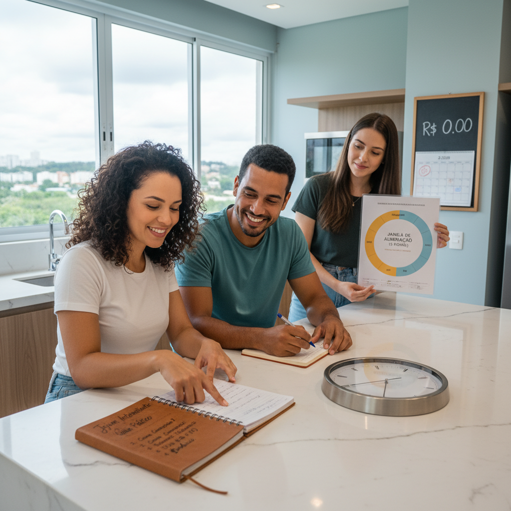 Homem olhando o relógio e prato de comida saudável explicando como começar o jejum intermitente