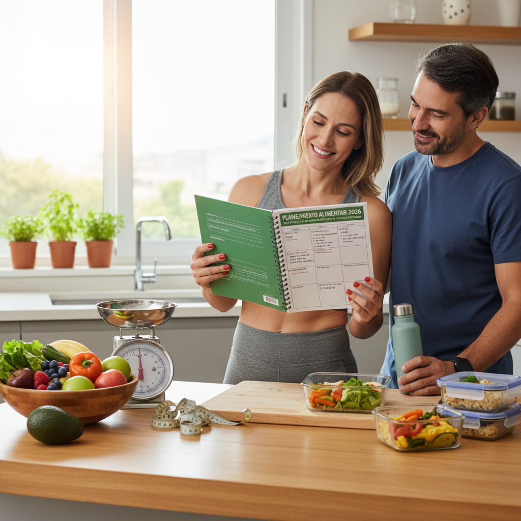 Pessoa organizando planejamento alimentar para emagrecer com potes de comida e cronograma