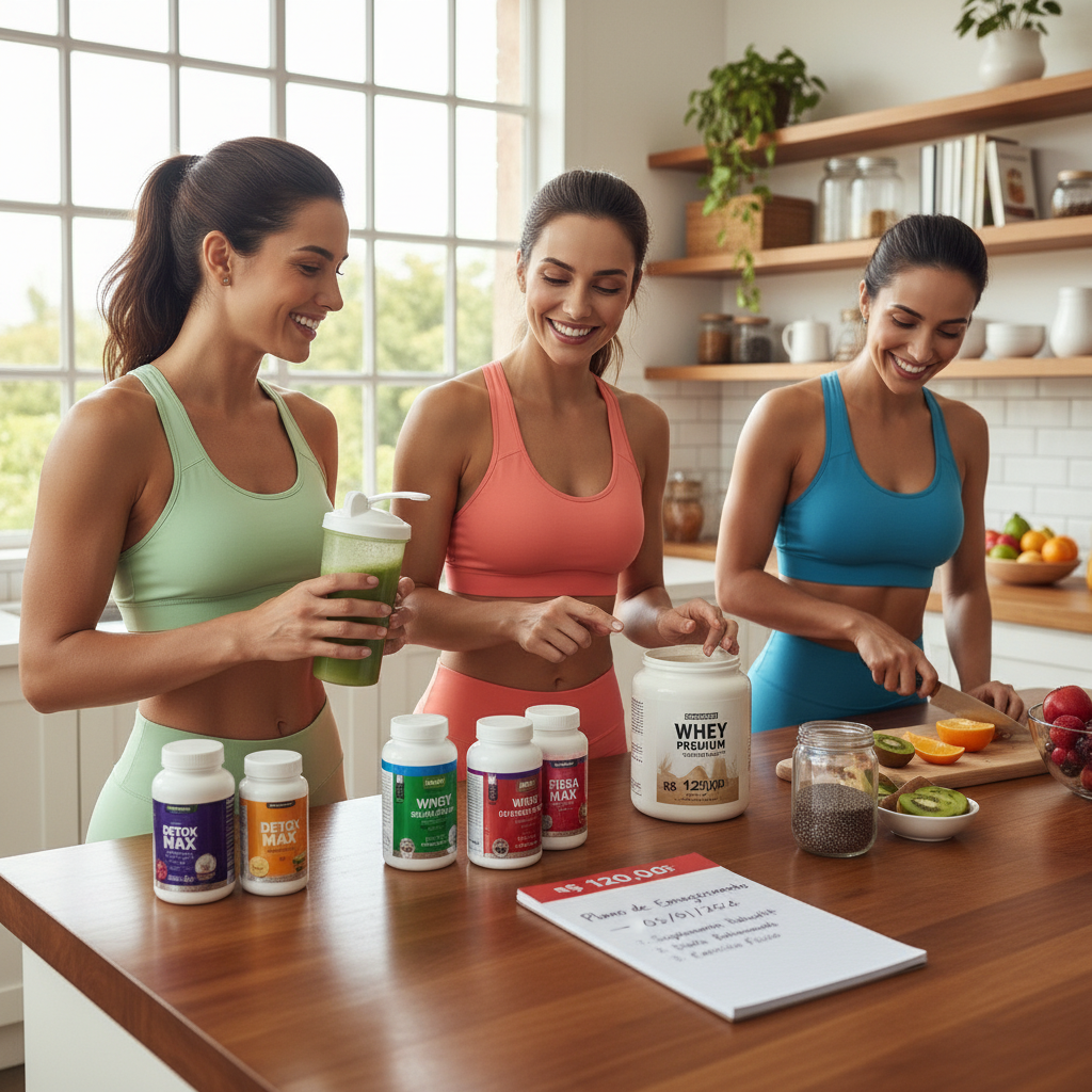 Suplemento para Emagrecer Rápido: O Que Realmente Funciona Mulher segurando suplemento para emagrecer rápido e monitorando dieta no celular